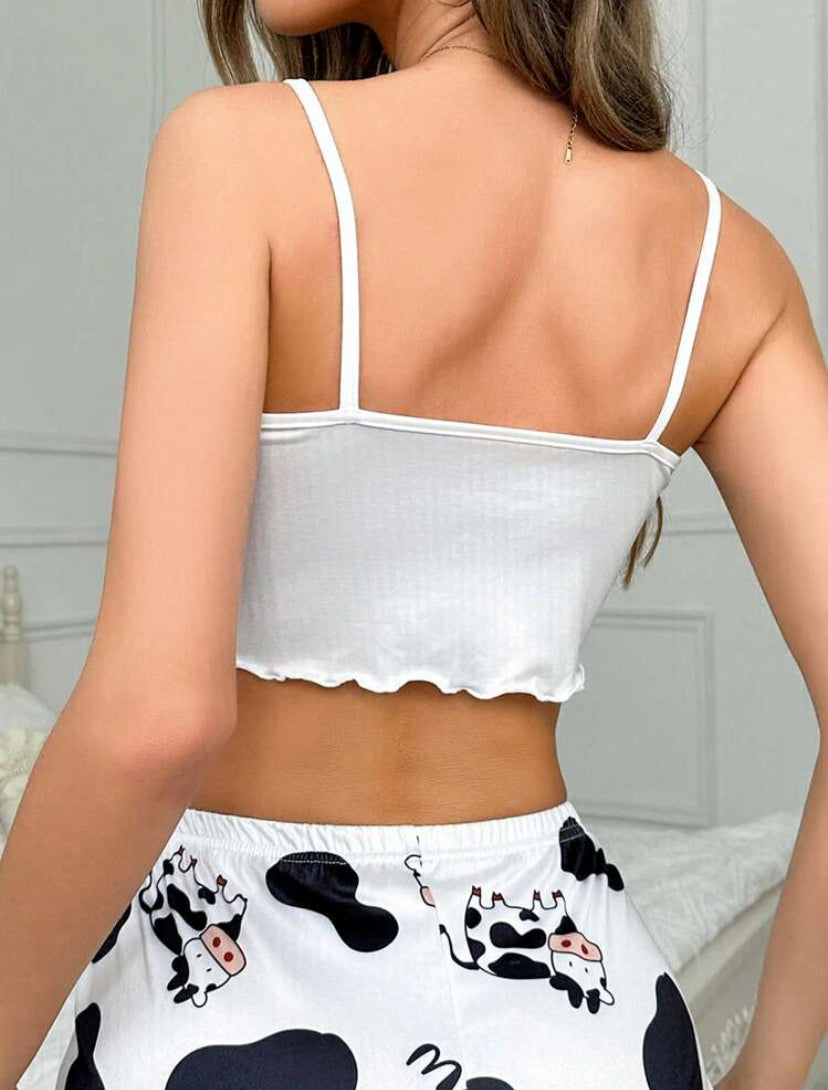 Women’s Cow Printed Camisole with Round Neckline & Lace Trimmed Straps – Pajama Cami Top (Without Shorts) - MH1151