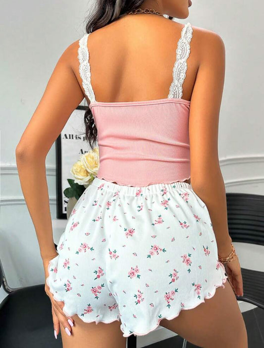 CottageSlumber Floral Print Pajama Set with Lace Embroidery & Front Bow – Perfect for Holidays & Vacations