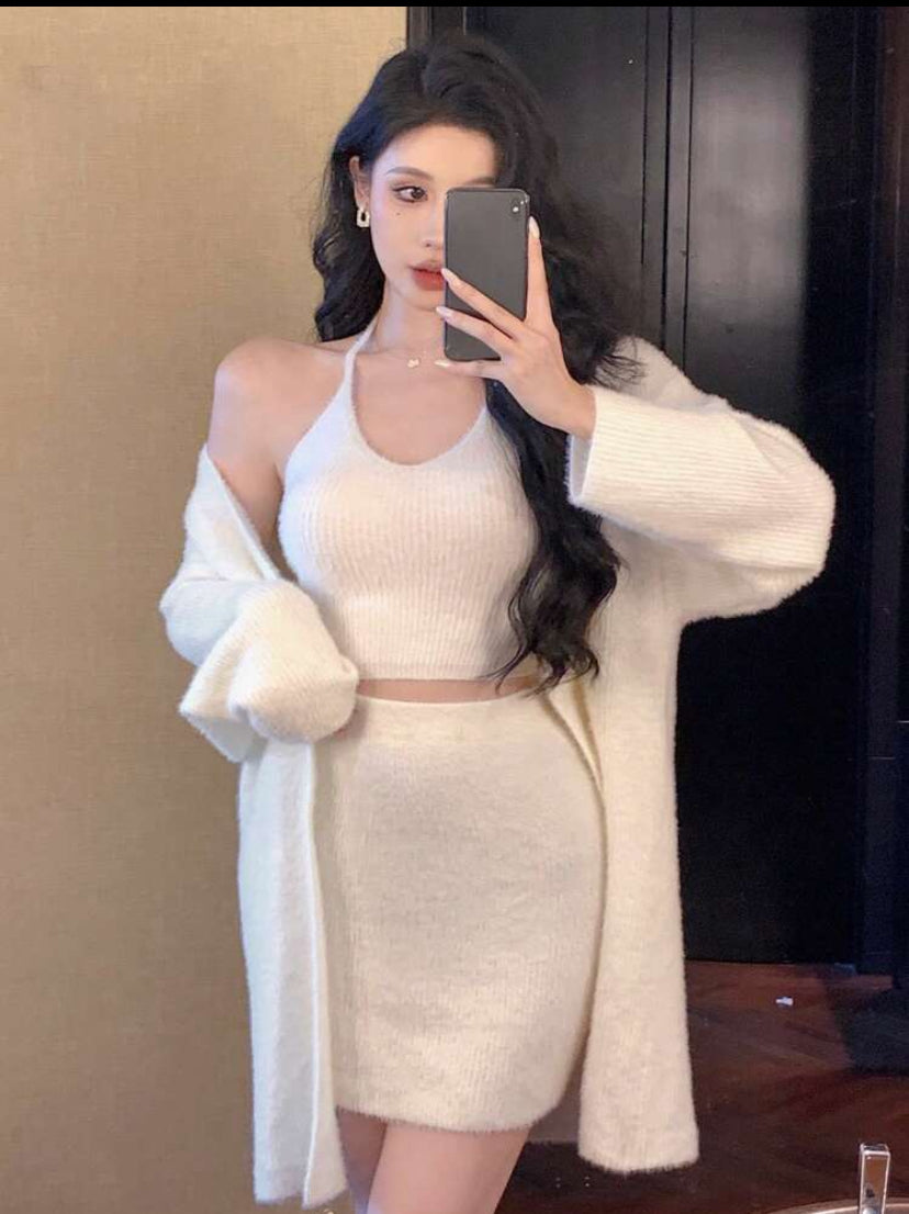 DAZY Women Solid Color Long Sleeve Cardigan Minimalist Jacket, Neck Tie Blouse And Skirt Set, Simplistic, Women Two Pieces Sets - MH1213