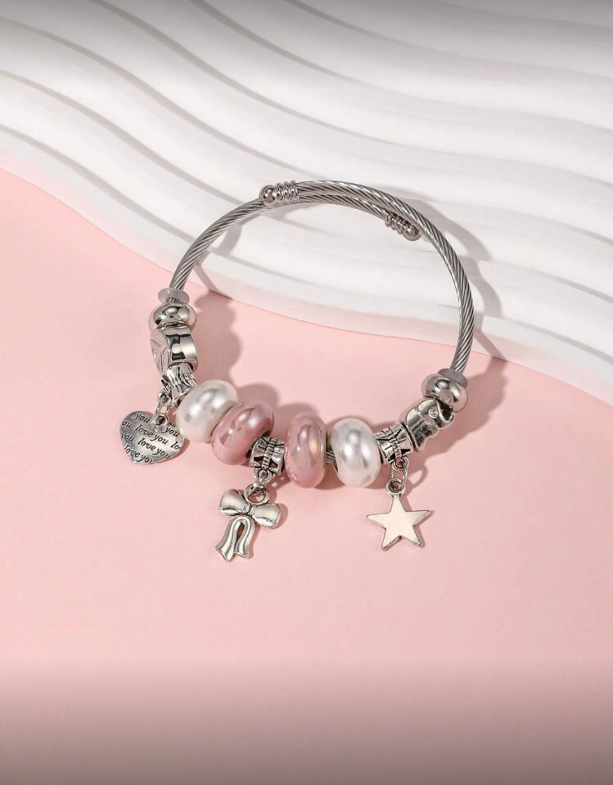 Stainless Steel Bracelet with Butterfly & Pink Enamel Heart Charm – DIY Accessory for Friends, Parties & Valentine’s Day