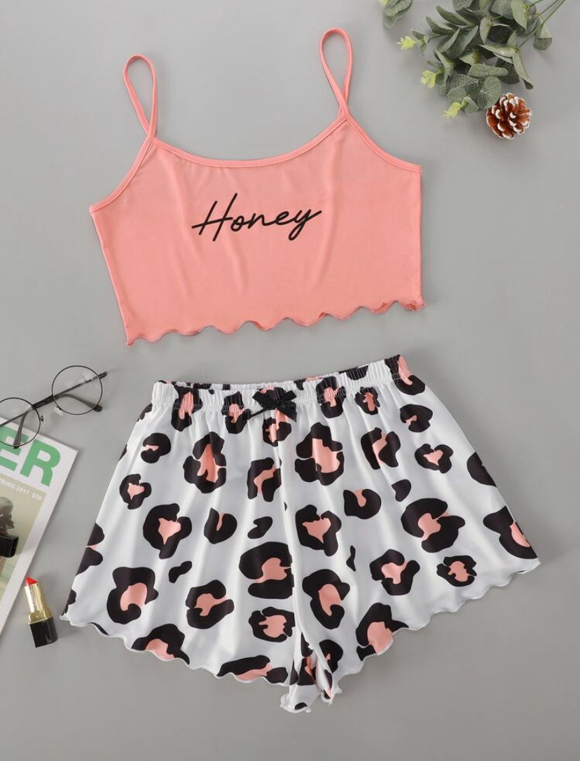 Letter Graphic Lettuce Trim Pajama Set – Women’s 2-Piece Sleepwear - MH1183