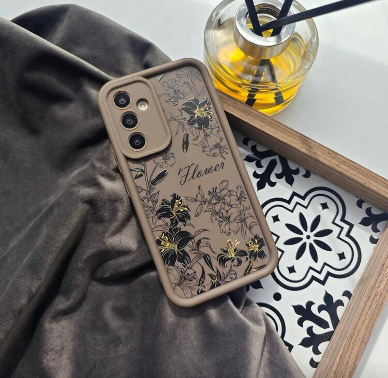Soft Silicone Matte Phone Case with Botanical Design – Brown, White & Black for Women, (Galaxy A23)