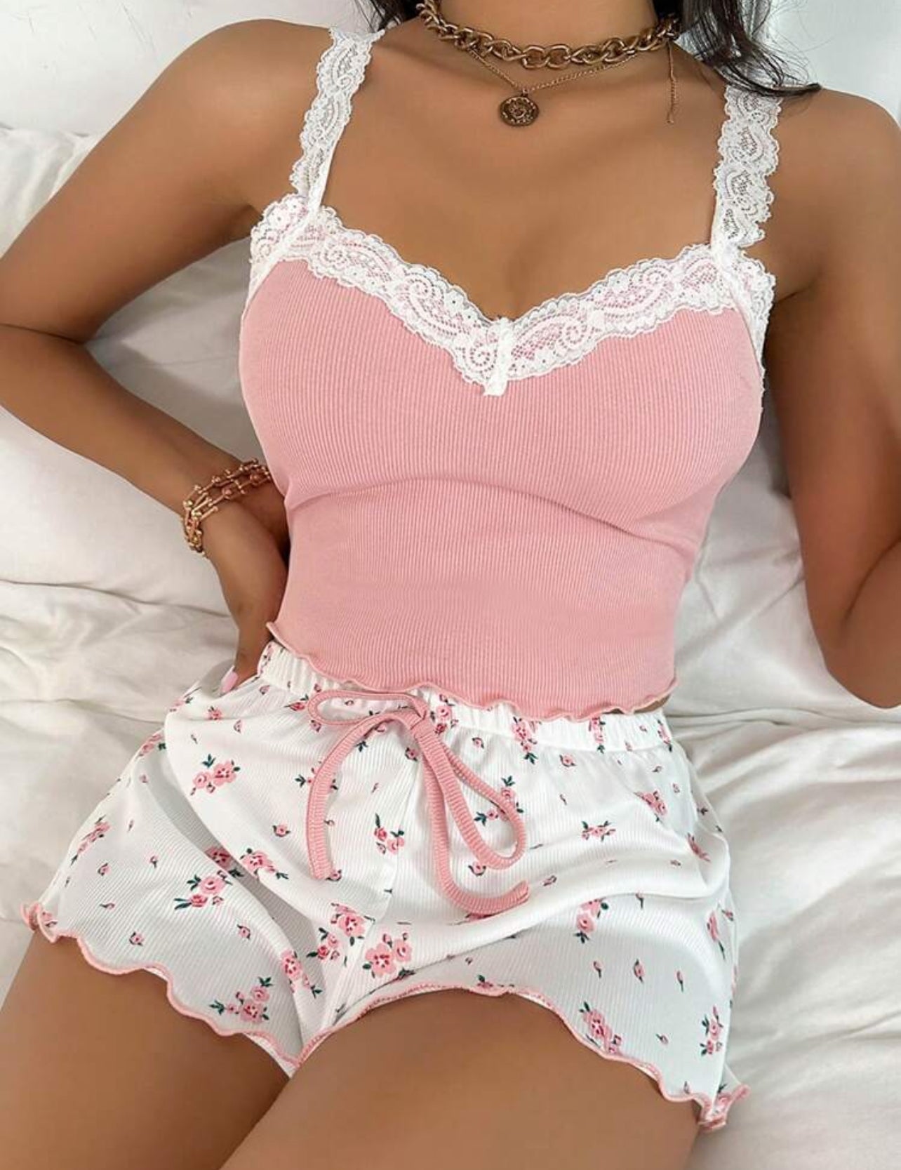 CottageSlumber Floral Print Pajama Set with Lace Embroidery & Front Bow – Perfect for Holidays & Vacations