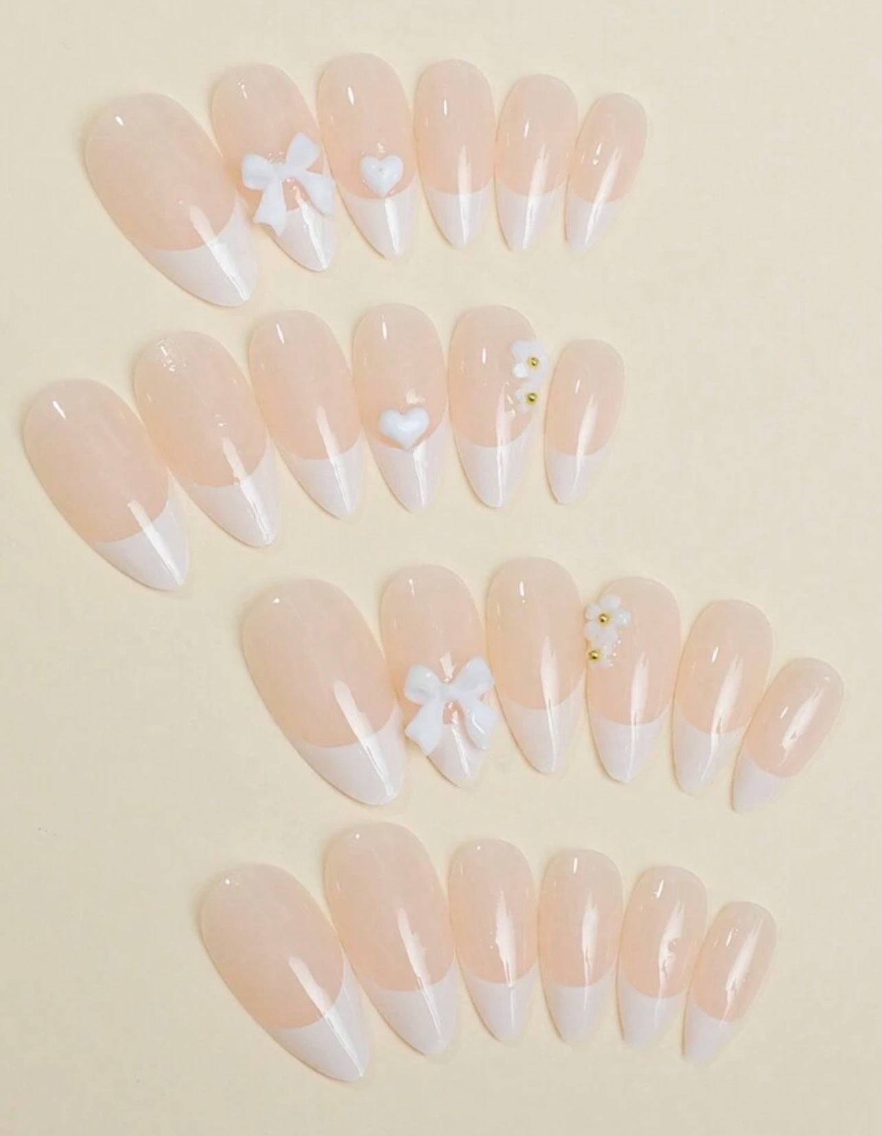 24pcs Elegant White French Almond Press-On Nails – Minimalist Design with White Bow & Heart - DI6040 - DI6041