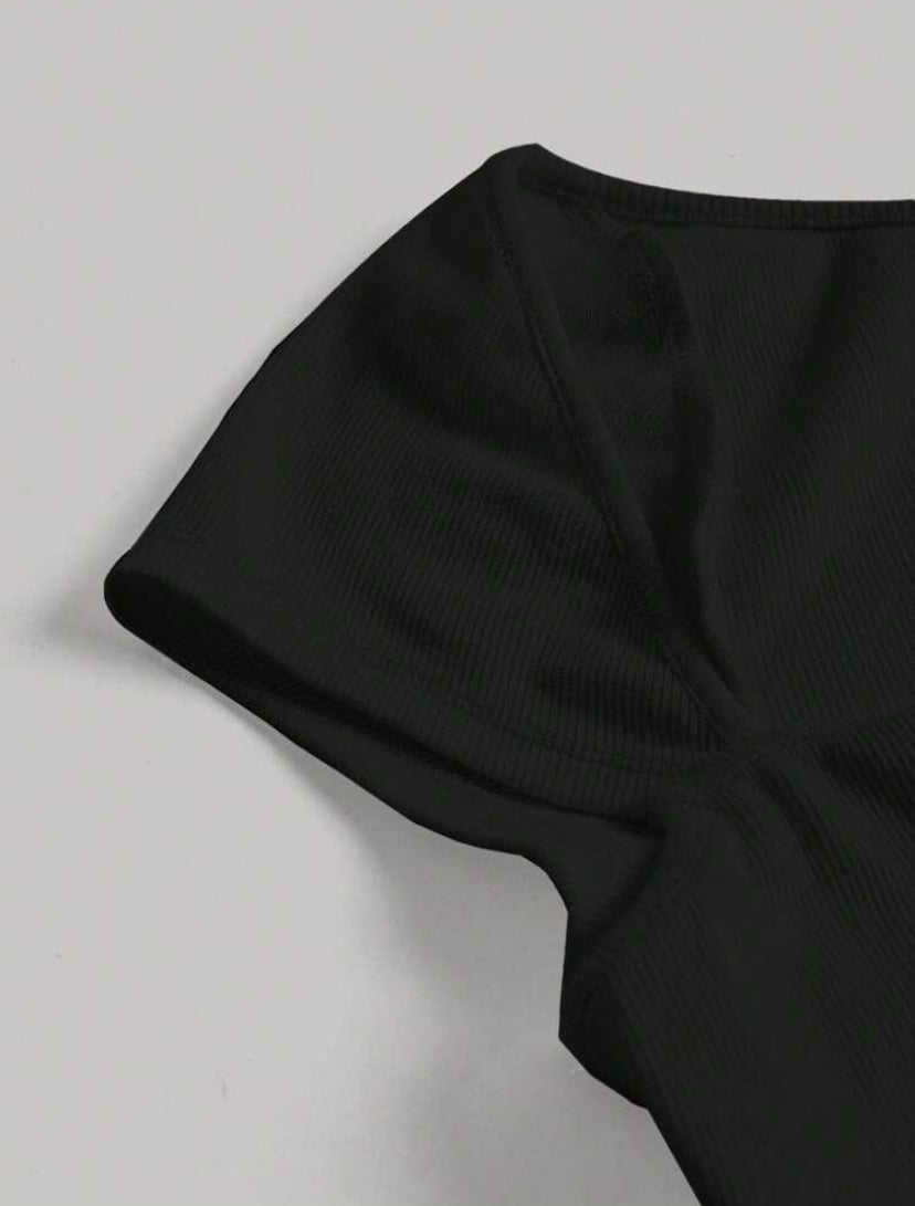 SHEIN MOD Sweetheart Neck Ribbed Knit Cap Sleeve Cutoff Tee – Black