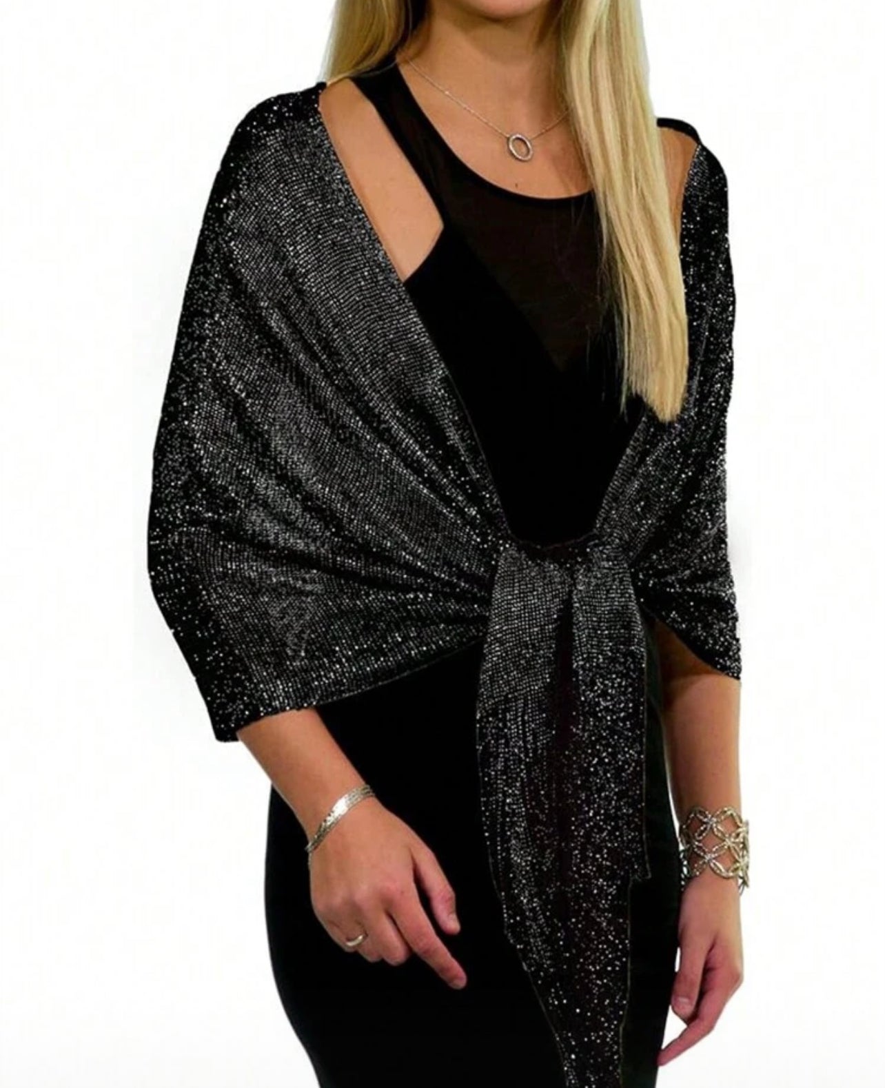 1pc Galaxy Star Shawl with Clip – Elegant Black Thread Wrap for Weddings & Evening Parties
