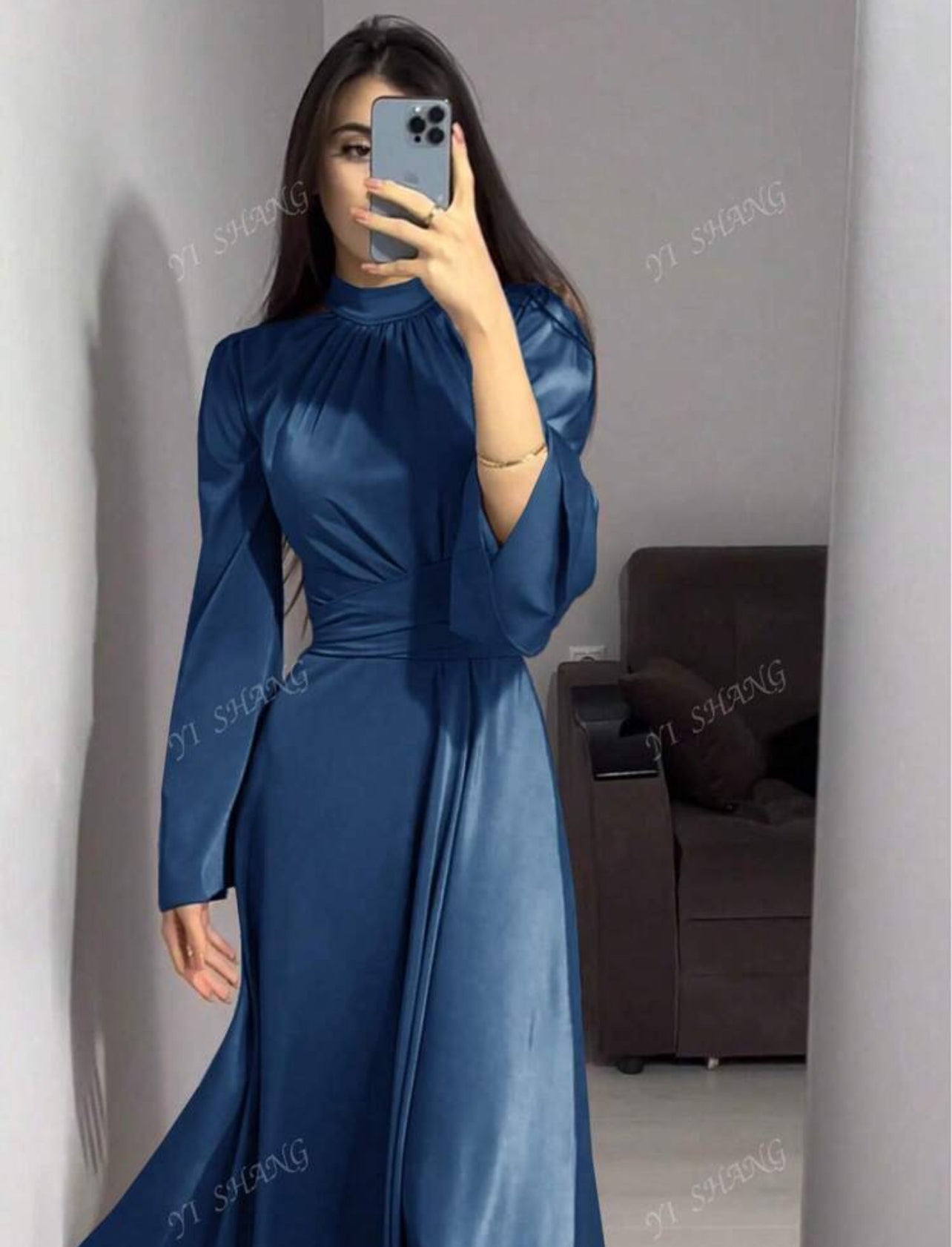 Elegant Long Bell Sleeve Dress with Belt β Satin Fabric, Modest Full-Coverage, Solid Color (Spring/Fall)