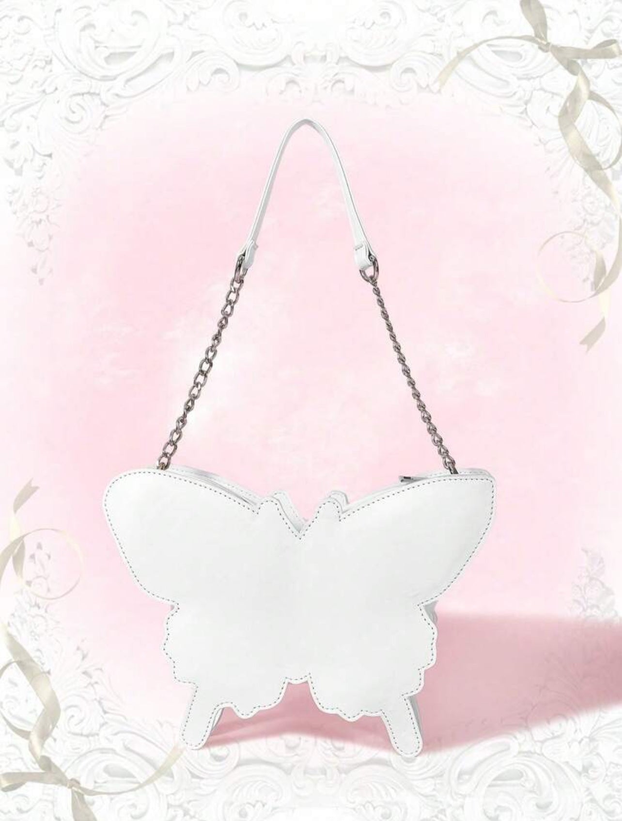 Fairy Wings – Embroidered Bow PU Shoulder Bag (White)