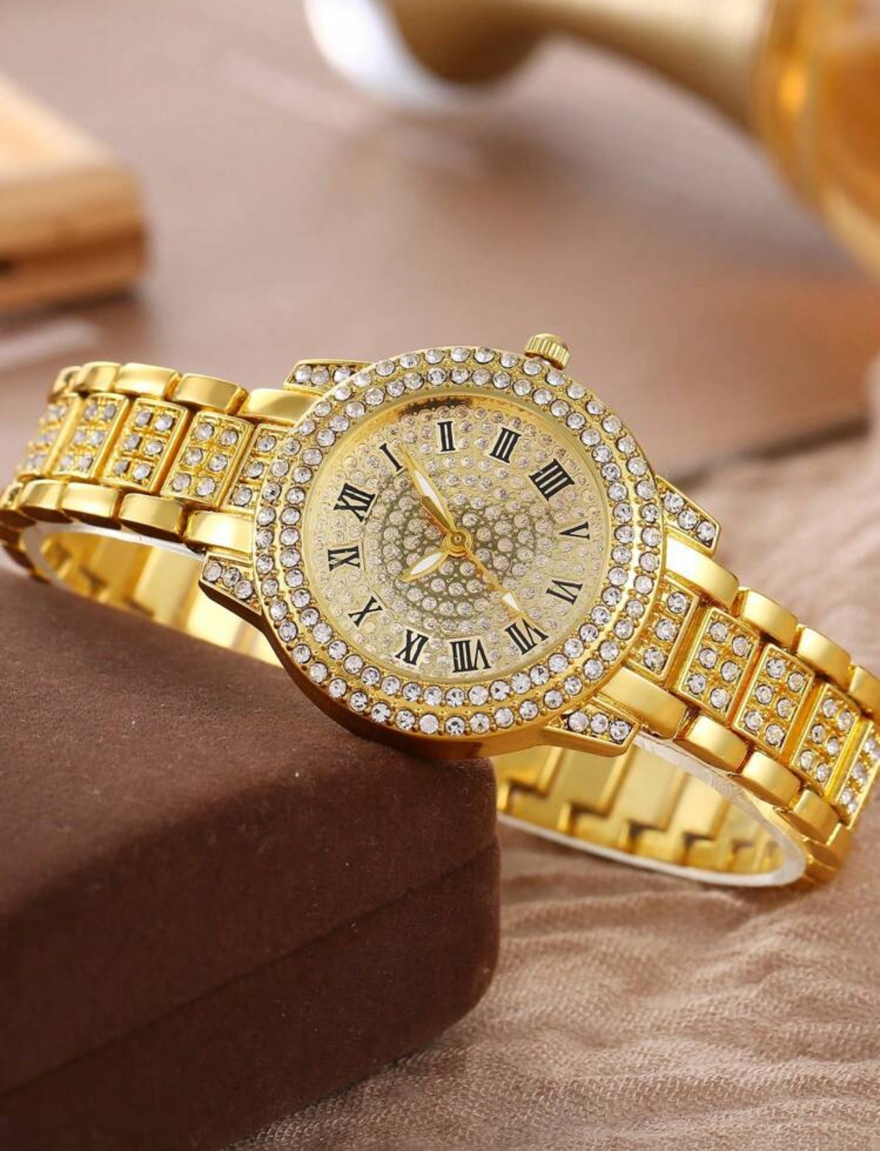 7-Piece Luxury Women’s Watch & Jewelry Gift Set – Quartz Rhinestone Watch with Roman Numerals, Crystal Bracelet, Necklace, Earrings & Ring