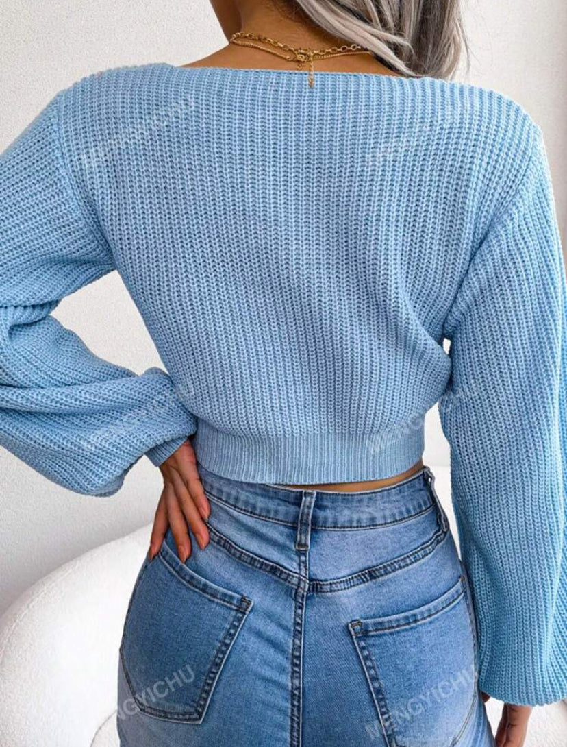 Y2K Cropped Sweater Women V-Neck Puff Sleeve Tie Waist Bow Detail Solid Plush Fleece Festival Top