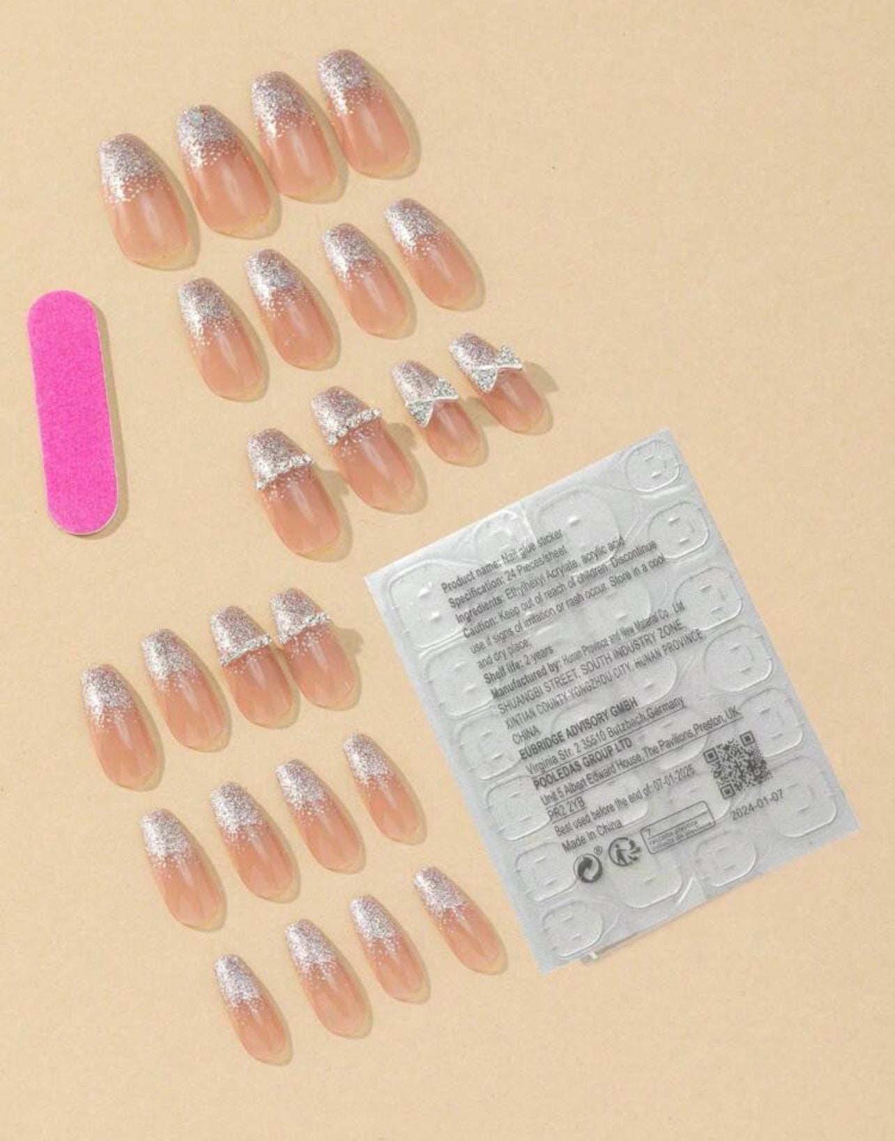 24pcs Long Glossy Rhinestone Bow Press-On Nails Set – 3D Strass Design with Nail File & Adhesive - DI6017 - DI6020