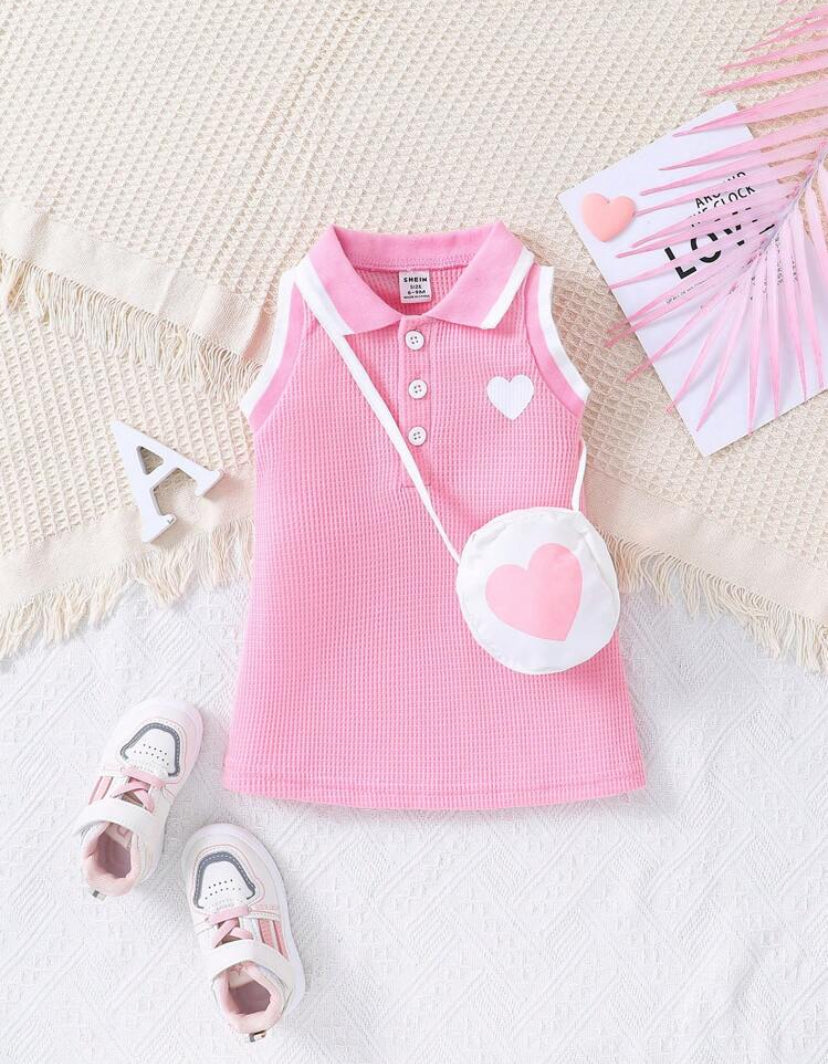 SHEIN Baby Girl Sleeveless Heart Pattern Tank Dress & Matching Bag – Cute & Elegant Summer Outfit