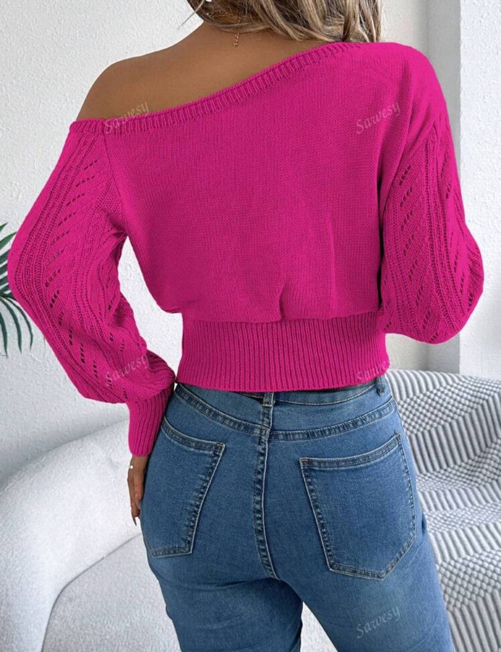 1pc Sexy Oblique Shoulder Hollow Out Long Sleeve Knitted Sweater – Autumn/Winter - MH1148