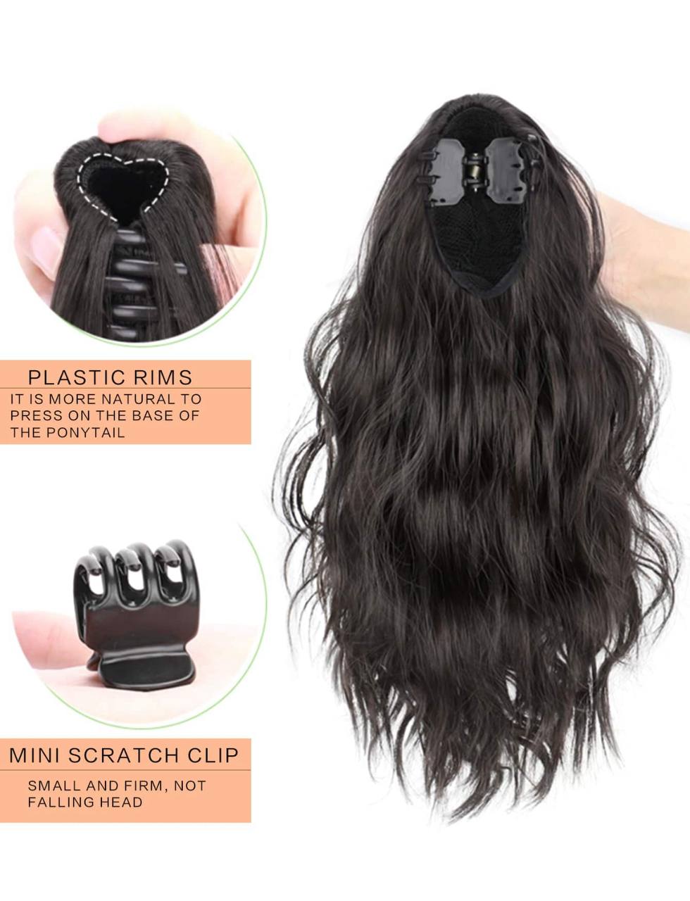 1pc Claw Clip Water Wave Ponytail with Big Curls – 16 Inches, Brown/Black Mix Synthetic Hair Extension