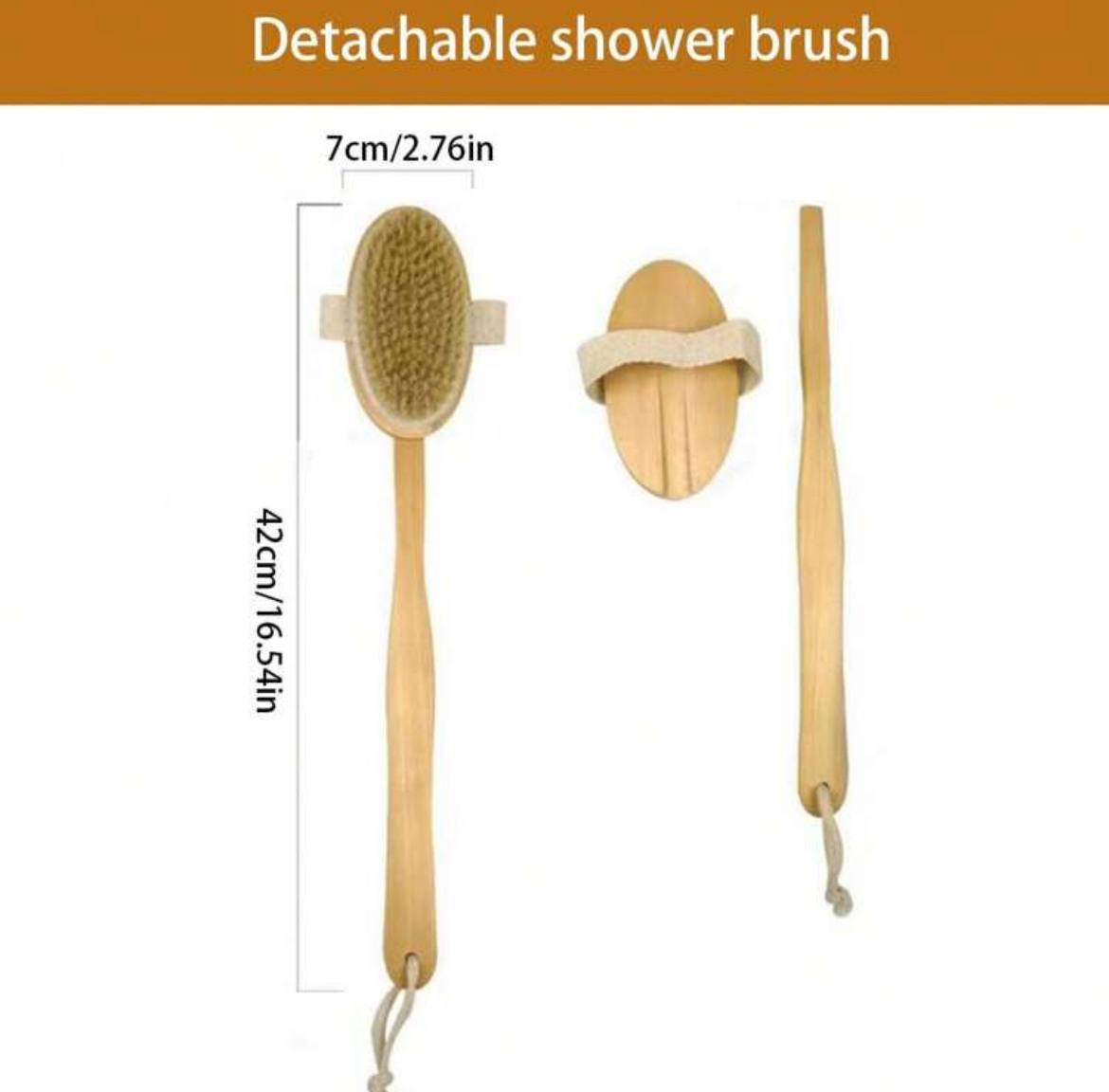 1pc Bath Brush with Bristles & Soft Hair – Detachable Wooden Handle Back Scrubber