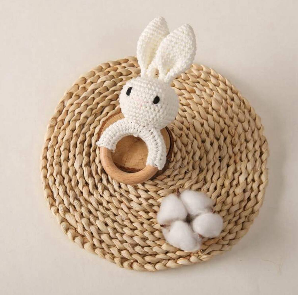 Handmade Crochet Bunny with Pointy Ears & Wooden Teething Ring – Baby Chewing & Teething Toy Gift