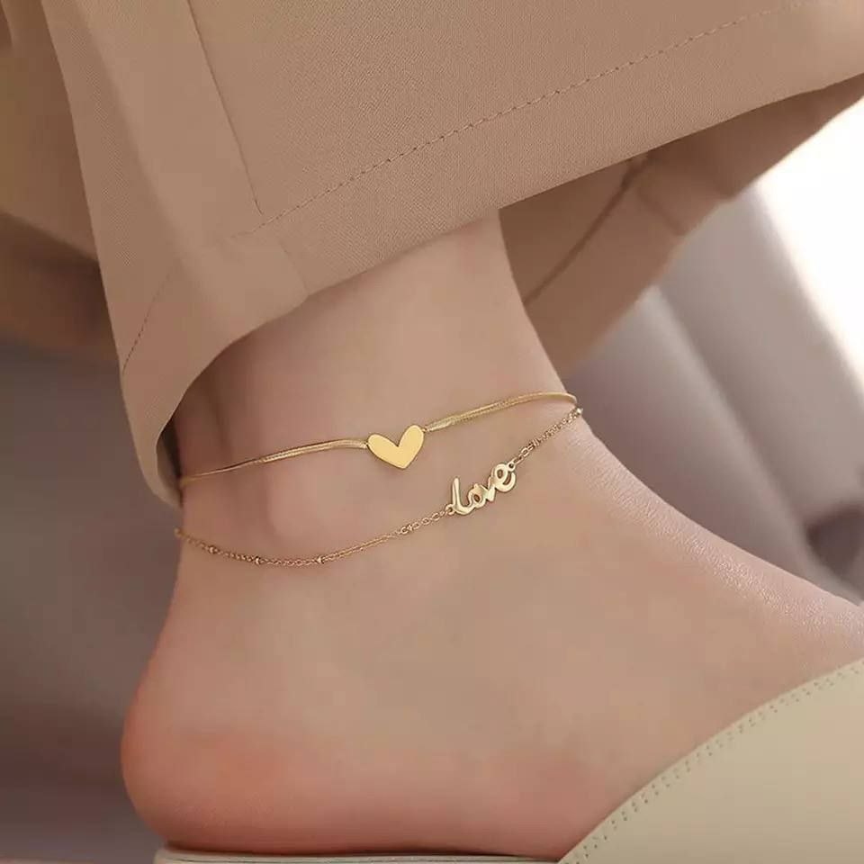 Pure 316 Stainless Steel Anklet – Double Heart & Love Design, Gold Color S1