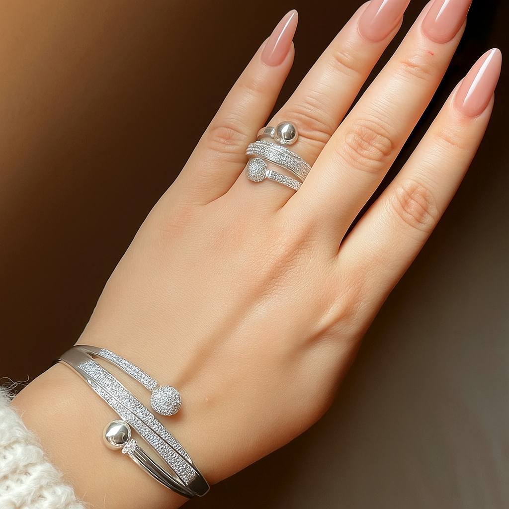 Bracelet & Ring Set – Gold Plated with Zircon Stones (Free Size) S1