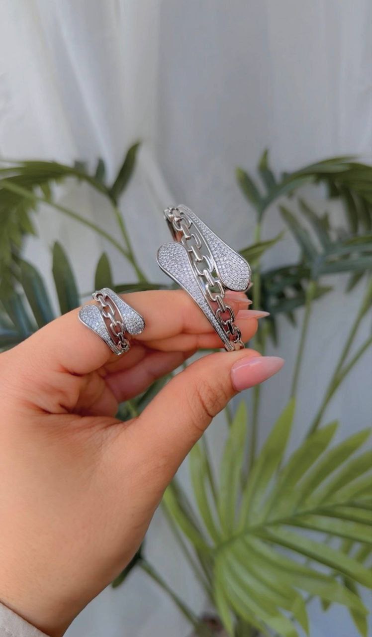 Bracelet & Ring Set – Gold-Plated with Zircon Stones, Free Size S1