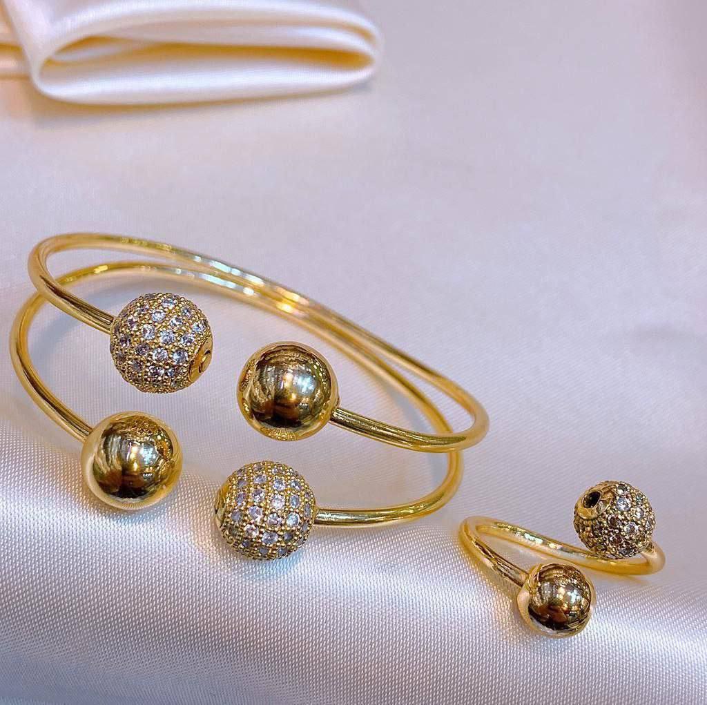 Double-Layer Zircon Ball Bracelet & Ring – Gold-Plated, Free Size S1