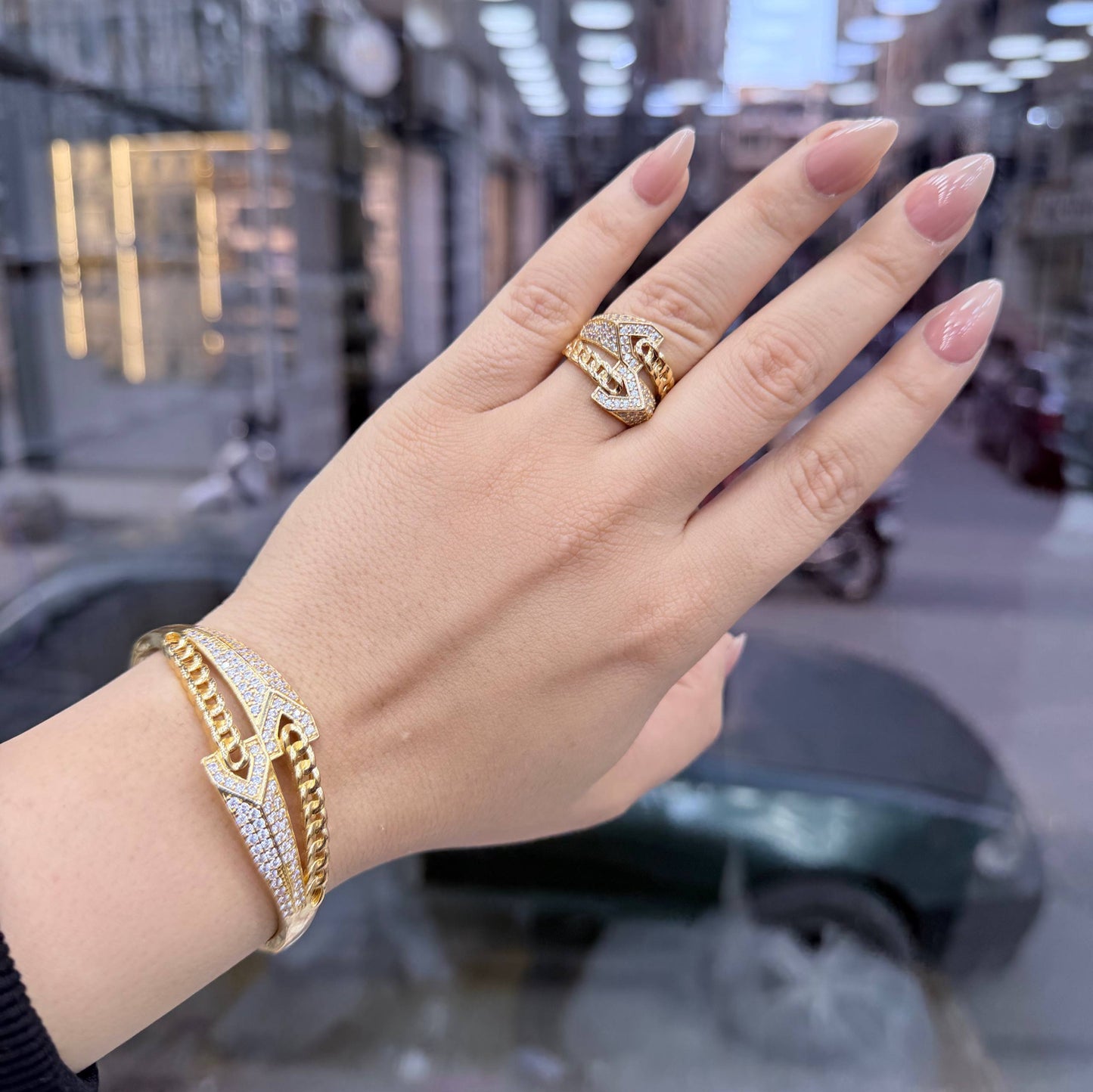 Bracelet & Ring Set Chinese Gold with Zircon Stones S1