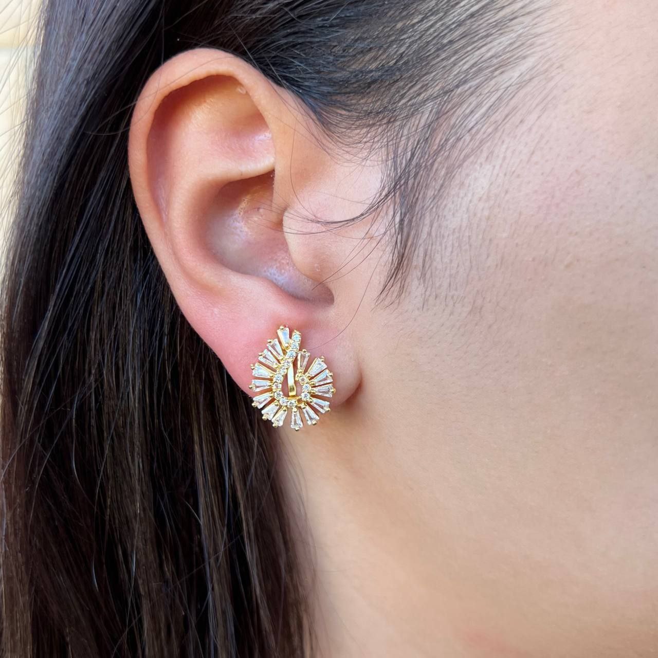 Clip-On Evening Earrings Gold Plated Zircon Stones S1