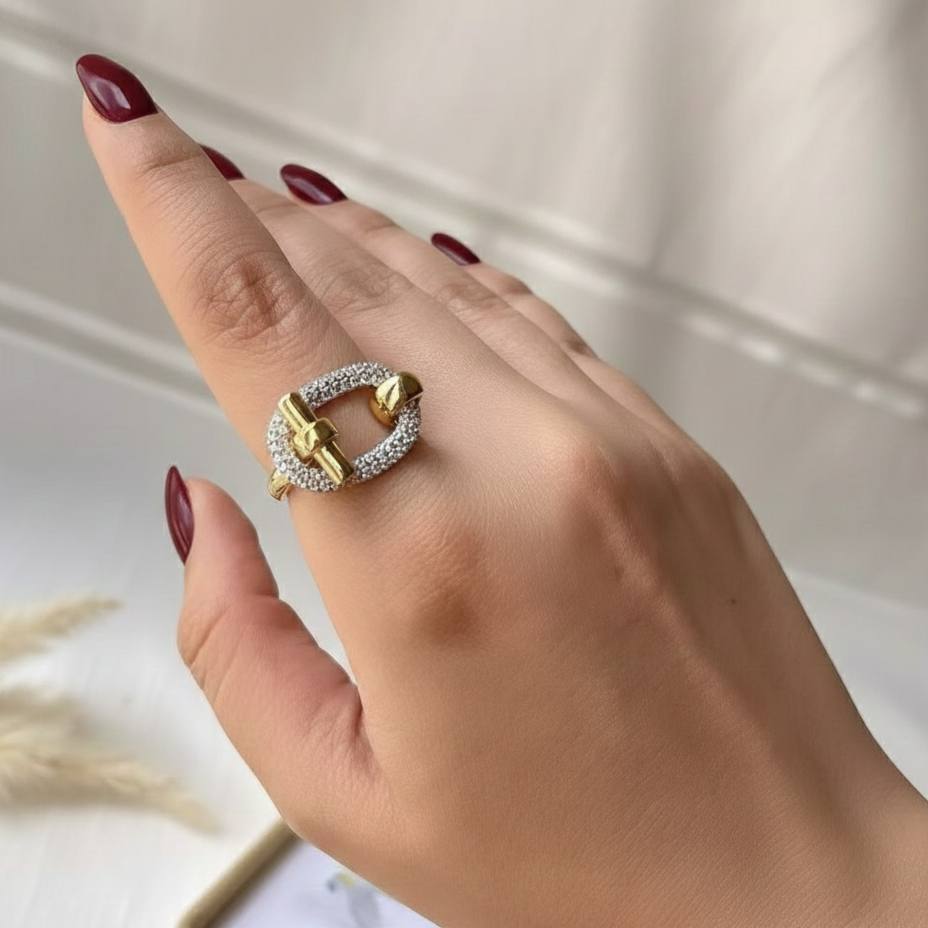 Gold Plated Free Size Ring with Zircon Stones S1