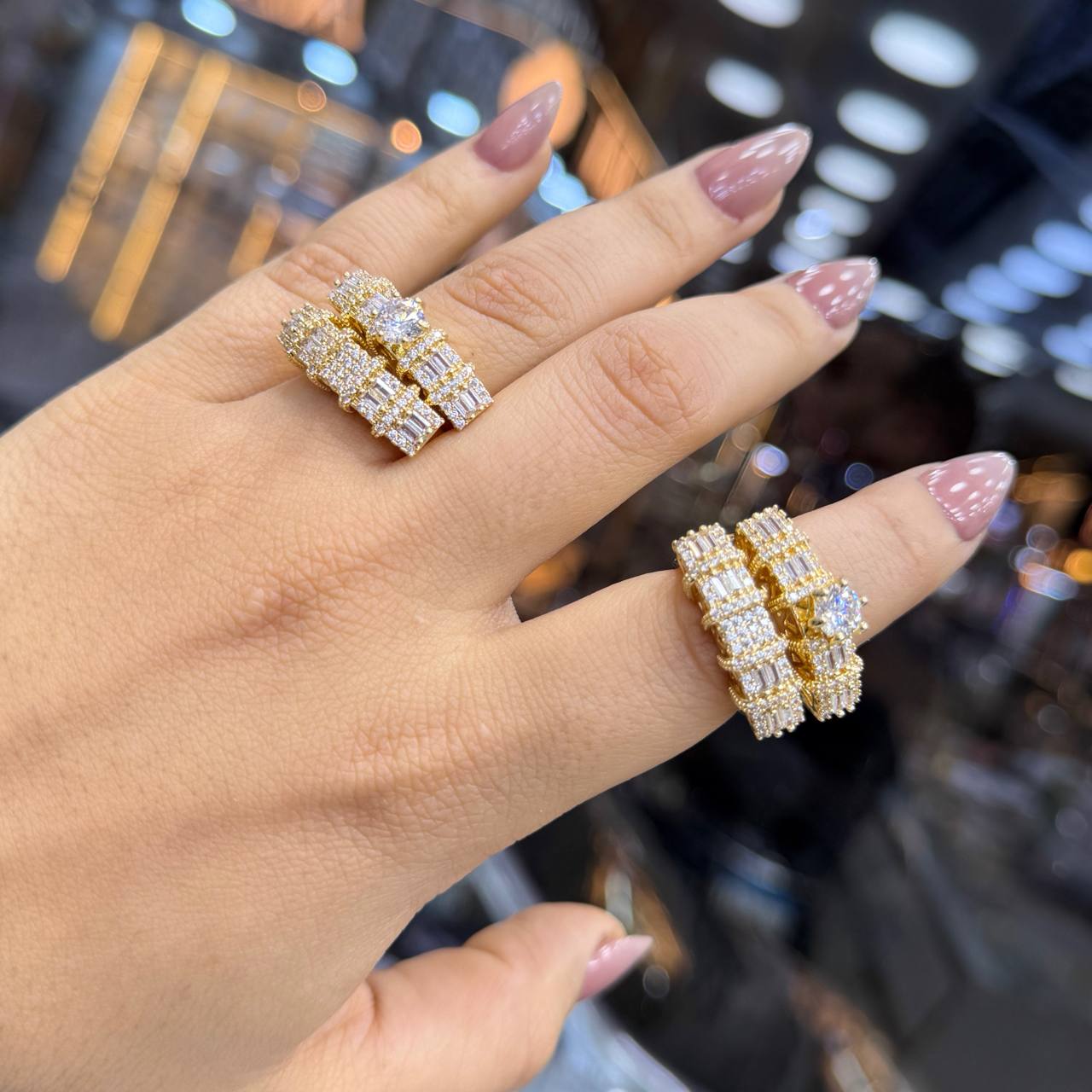 Chinese Gold Twin Rings with Zircon Stones S1