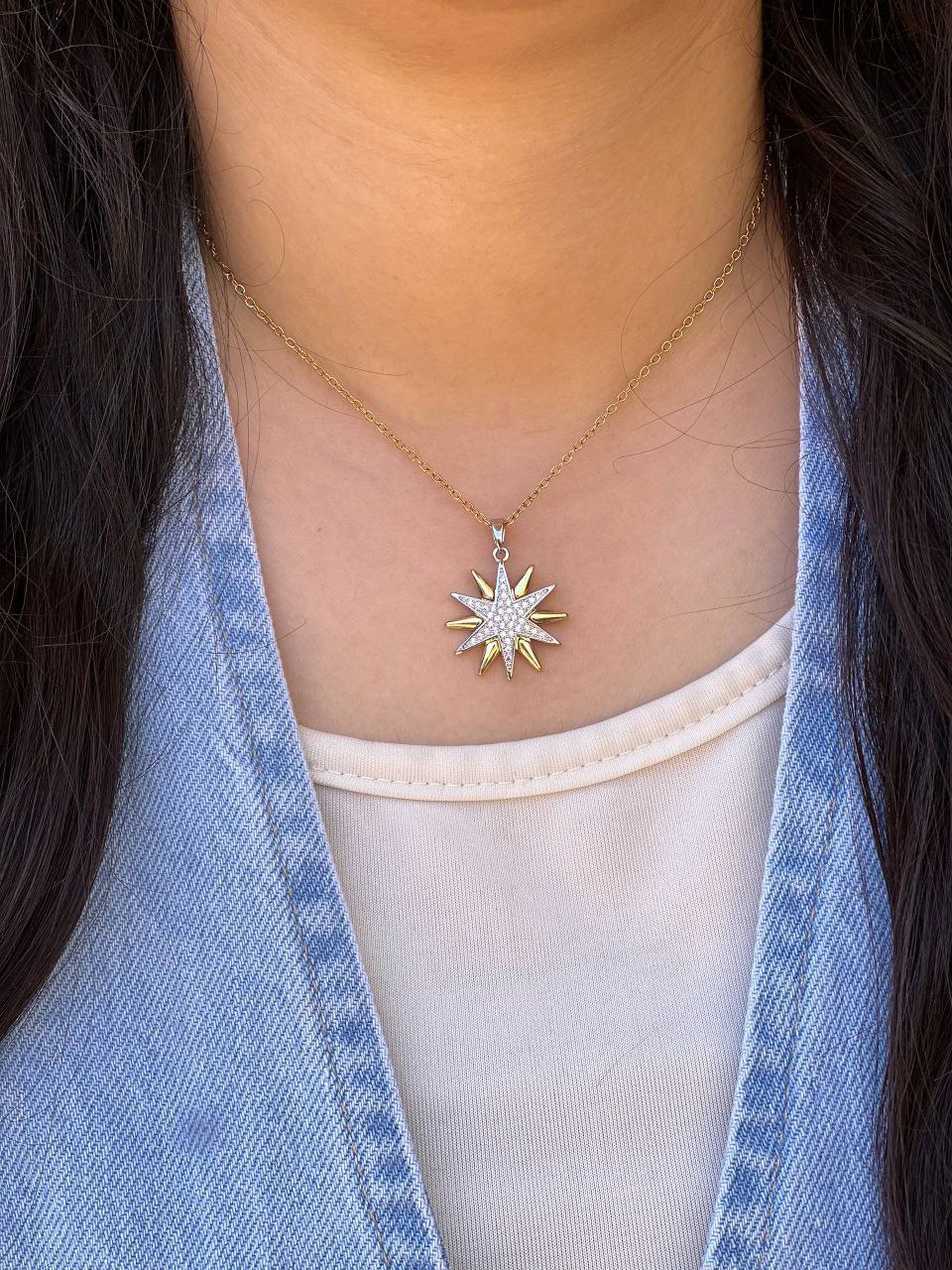 Pure 316 Stainless Steel Necklace with Chinese Gold Pendant and Zircon Stones S1