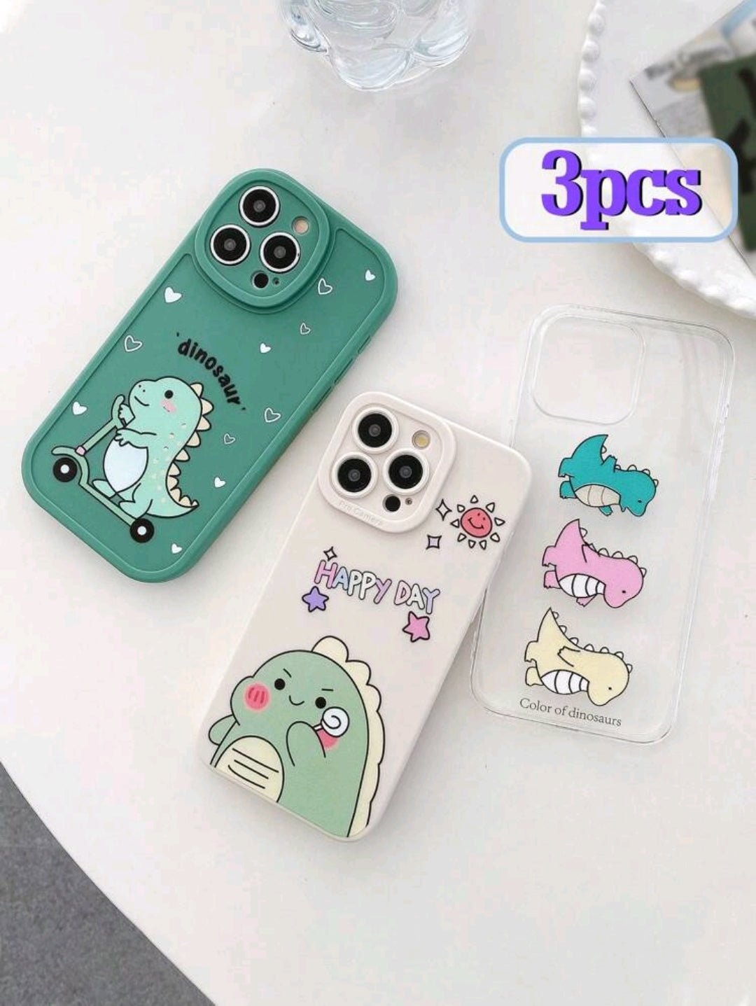 3-Piece Cute Cartoon Dinosaur Soft Transparent Camera Lens Covers – Compatible with (iphone 14)