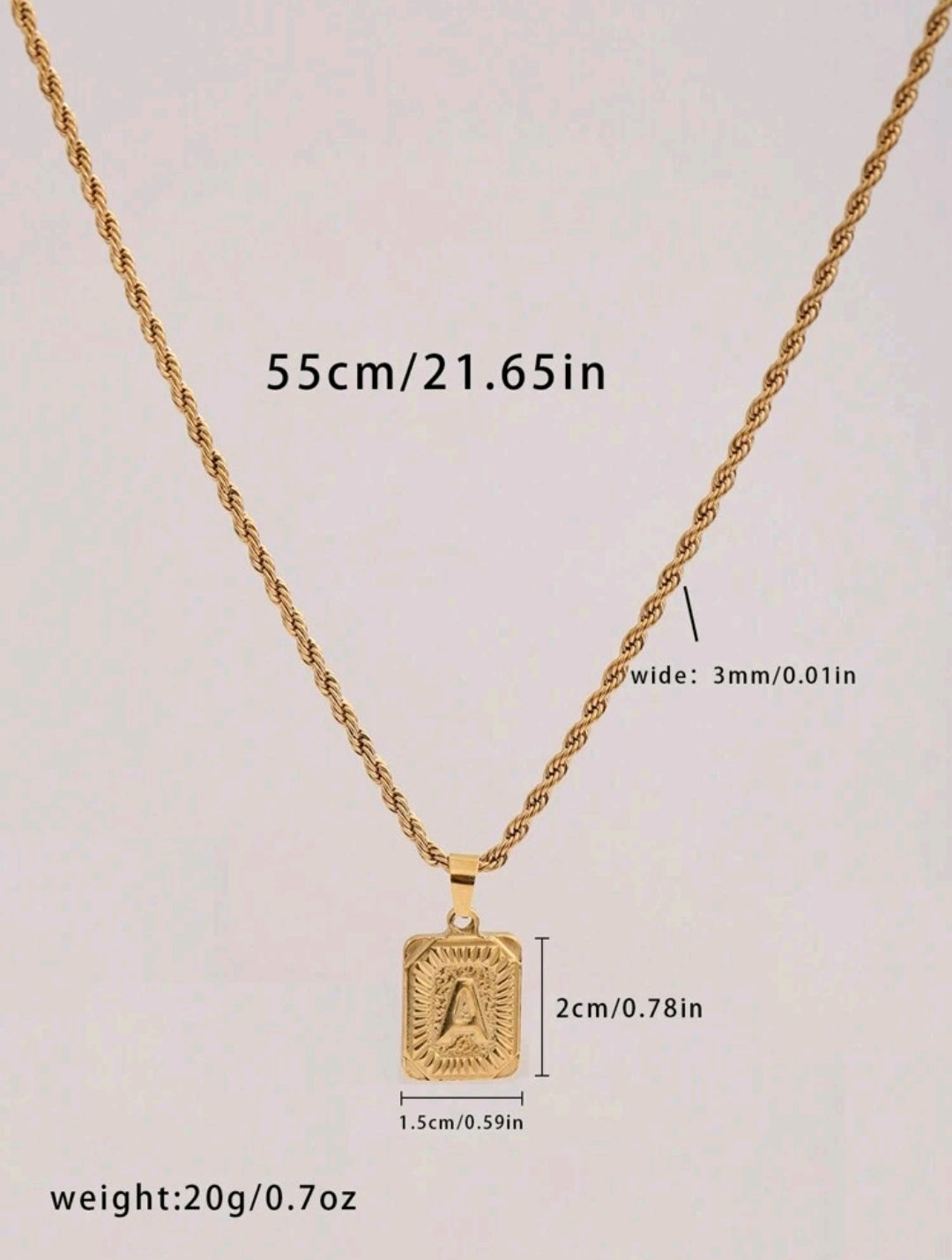 Men's Square Initial Pendant Necklace with Gold Rope Chain – Stainless Steel (K) yAlphabet Jewelry