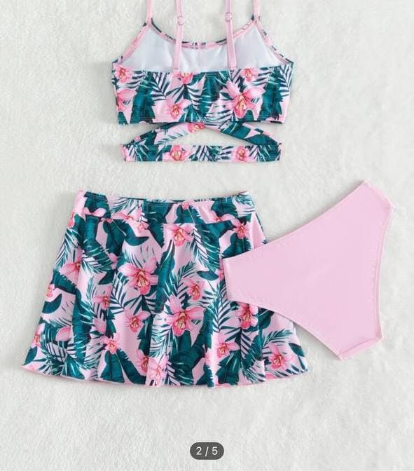 Tropical Print Bikini Set with Beach Skirt – Teen Girls