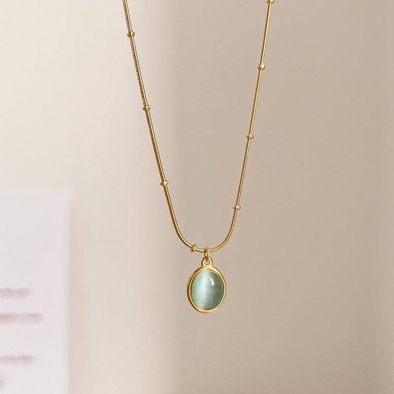 316L Pure Stainless Steel Necklace with Cut-Eye Stone – Pear-Shaped Pendant S1