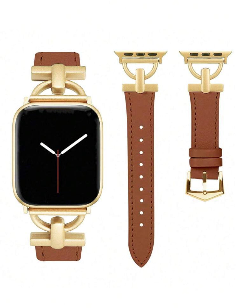 Brown Leather Watch Band with D-Letter Gold Metal Accent – Stylish & Comfortable | Compatible with Apple Watch Ultra 2/1, SE, Series 9–1 (All Sizes)