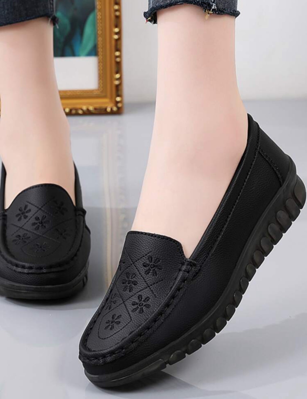 Flora Loafers – Embroidered Slip-On Flats (Black) - K2001