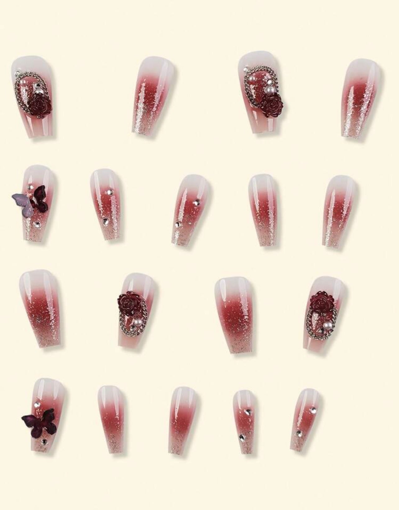 24pcs Glossy Wine Red Butterfly & Flower Long Press-On Nails – Mixed Design Reusable Nail Art Set - DI6049 - DI6050 / DI6094