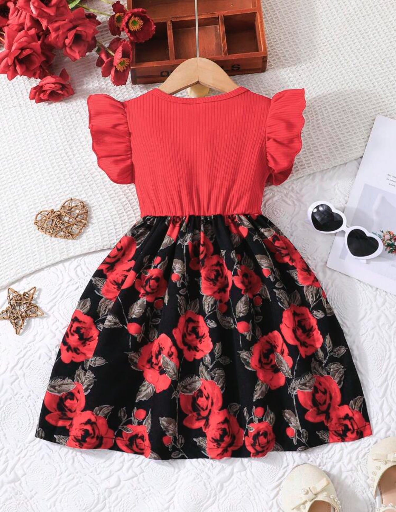 Girls’ Casual Summer Dress with Ruffle Sleeves & Tie Neck – Floral Print