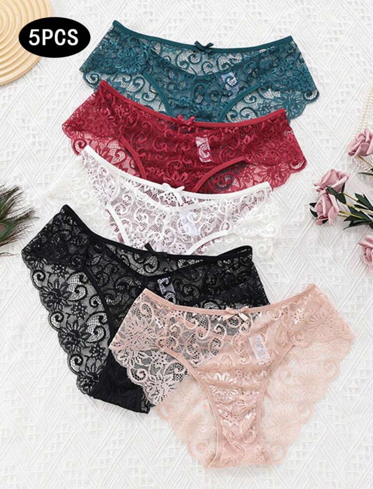 5pcs Low-Waist Lace Cut-Out Thong Panties – Sexy Lingerie Set