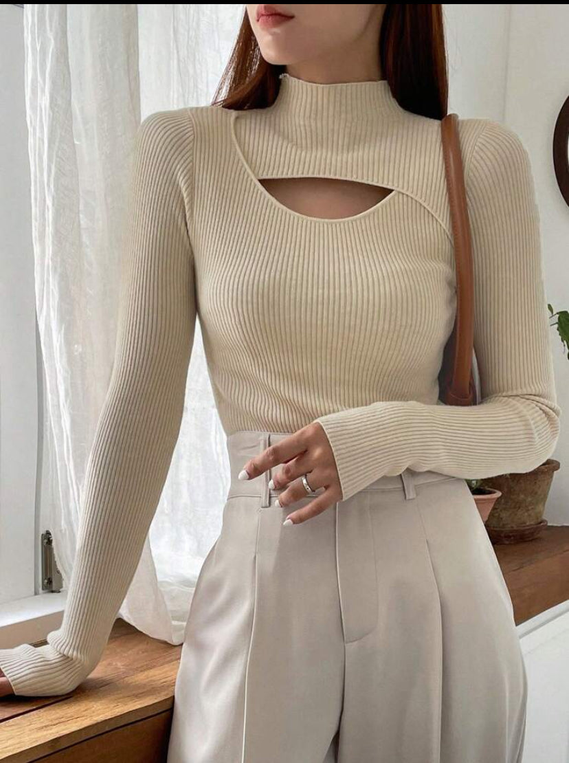 DAZY Cut-Out Front Mock Neck Ribbed Knit Sweater – Long Sleeve Fall Top - MH1192