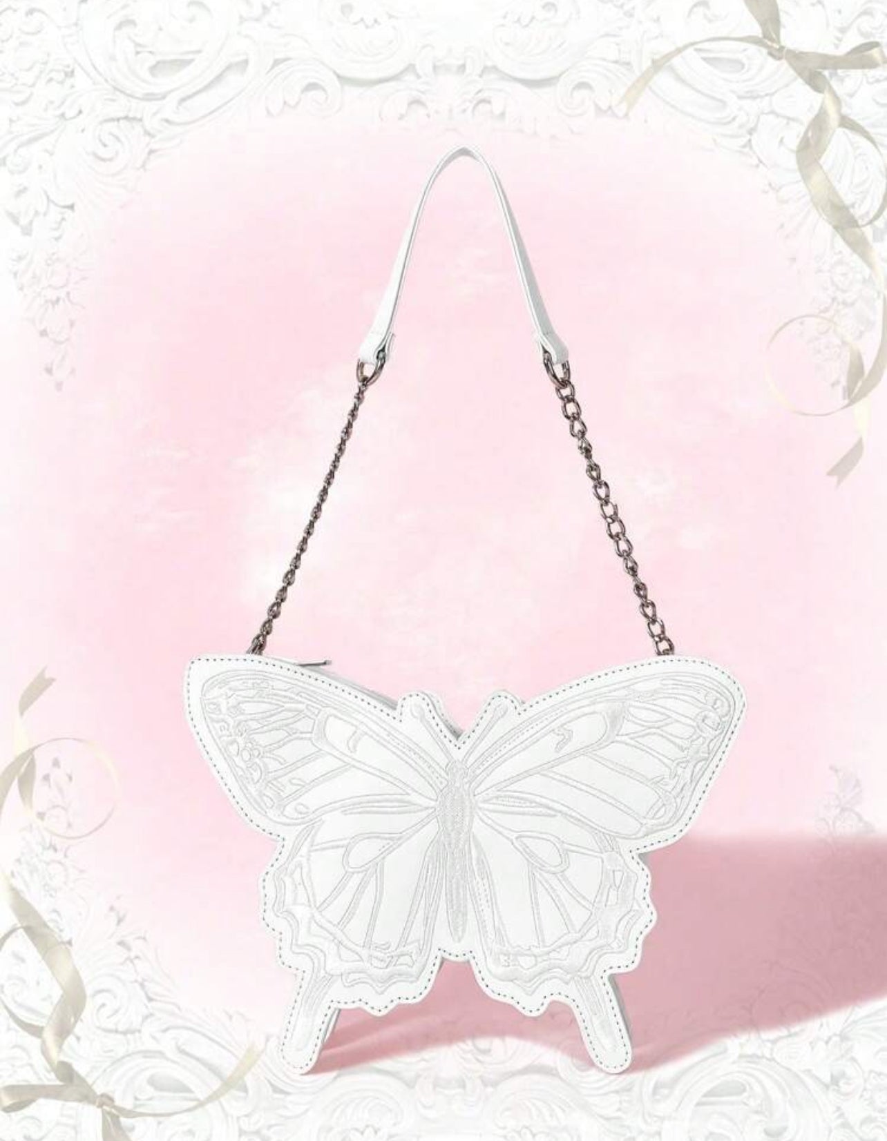 Fairy Wings – Embroidered Bow PU Shoulder Bag (White)