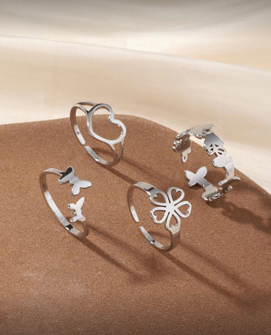 4-Piece Open Stainless Steel Rings Set – Silver Rings with Clover, Heart & Butterfly Designs, Elegant Women’s Jewelry