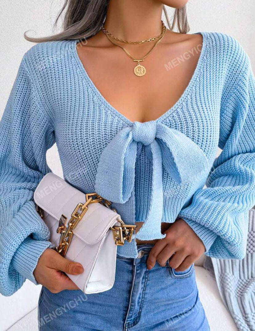 Y2K Cropped Sweater Women V-Neck Puff Sleeve Tie Waist Bow Detail Solid Plush Fleece Festival Top