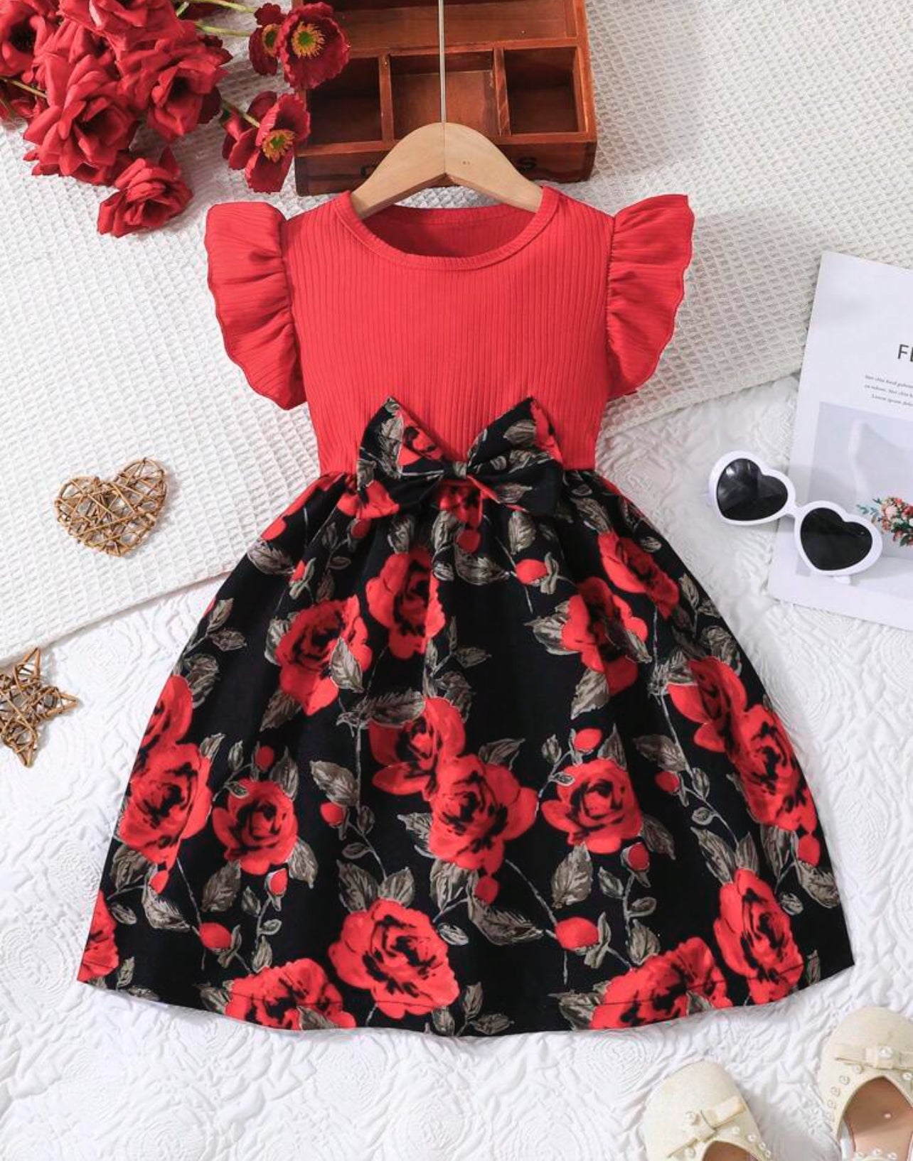 Girls’ Casual Summer Dress with Ruffle Sleeves & Tie Neck – Floral Print