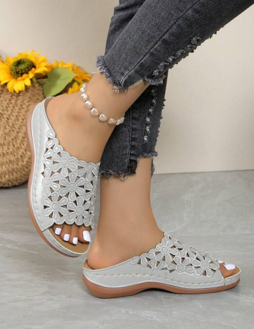 Summer Embroidered Slip-On Mules – Lightweight Wedge Heel Sandals with Ventilated Polyurethane Soles - K2006