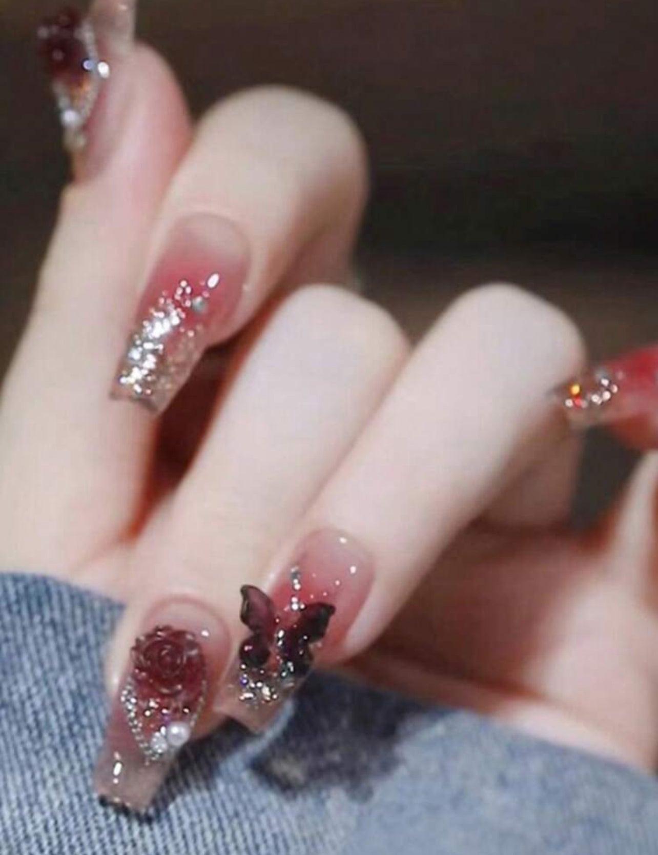 24pcs Glossy Wine Red Butterfly & Flower Long Press-On Nails – Mixed Design Reusable Nail Art Set - DI6049 - DI6050 / DI6094