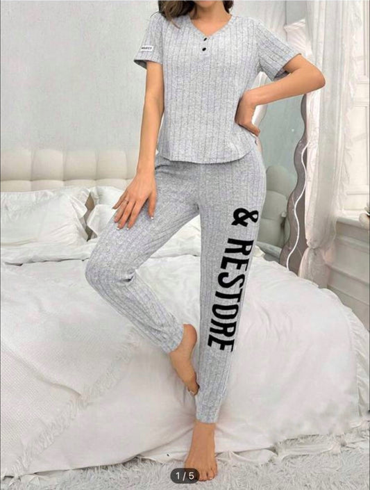 Women’s Ribbed Knit Pajama Set – Short Sleeve