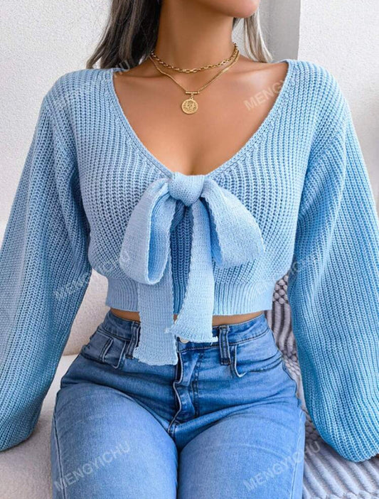 Y2K Cropped Sweater Women V-Neck Puff Sleeve Tie Waist Bow Detail Solid Plush Fleece Festival Top