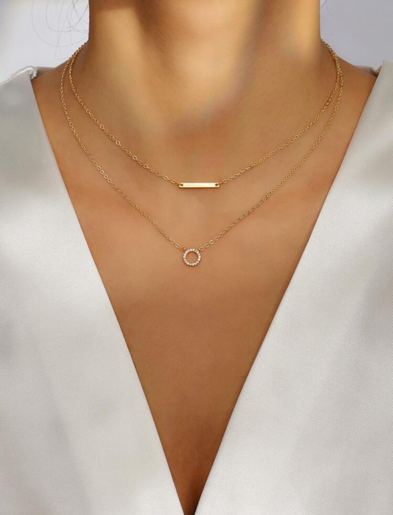 1pc Geometric Pendant Layered Necklace with Rhinestone – Stainless Steel Jewelry