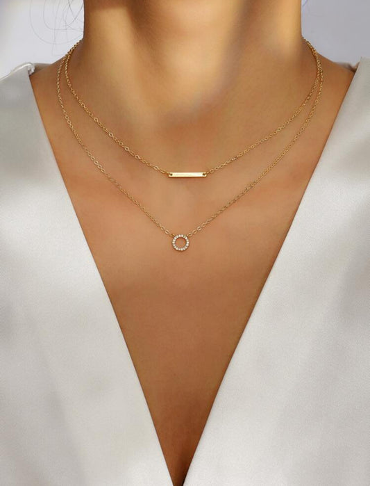 1pc Geometric Pendant Layered Necklace with Rhinestone – Stainless Steel Jewelry