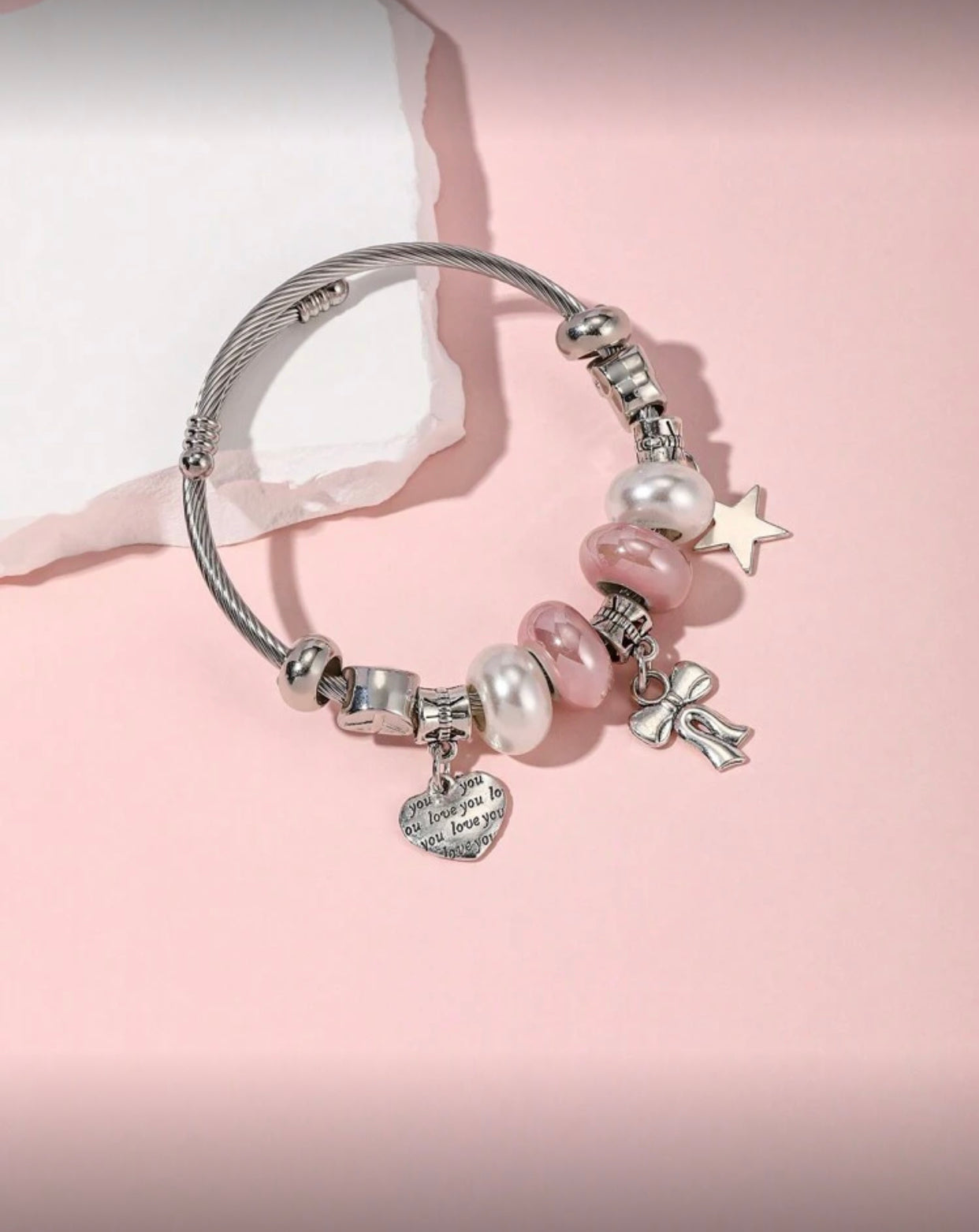 Stainless Steel Bracelet with Butterfly & Pink Enamel Heart Charm – DIY Accessory for Friends, Parties & Valentine’s Day